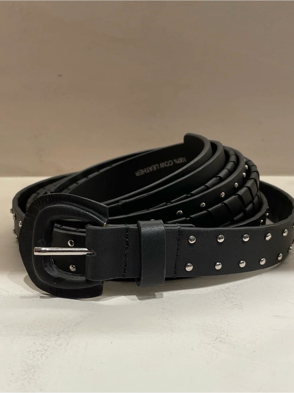 LAHNTROPY Black Studded Leather Belt with Rounded Buckle